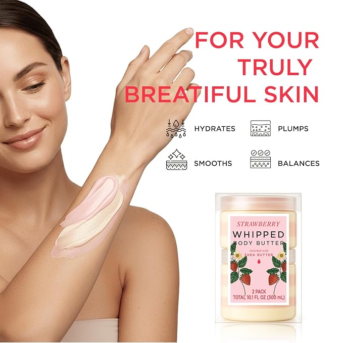 Princess Belle Strawberry Whipped Shea Body Butter, Body Moisturizer for Dry Skin, Smell Good, Strawberry Gifts for Women-2 Pack (3.4floz + 6.8 floz)
