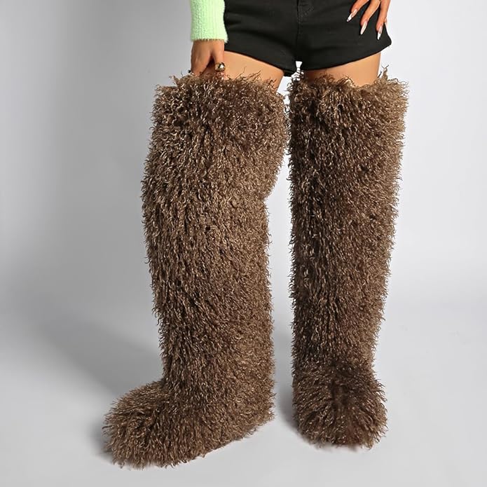 SWEETHEART BEAUTY Thigh High Shagy Teddy Fur Boots, 29 Inch Over the Knee Length Fluffy High Boots, Tall Furry Shoes For Women