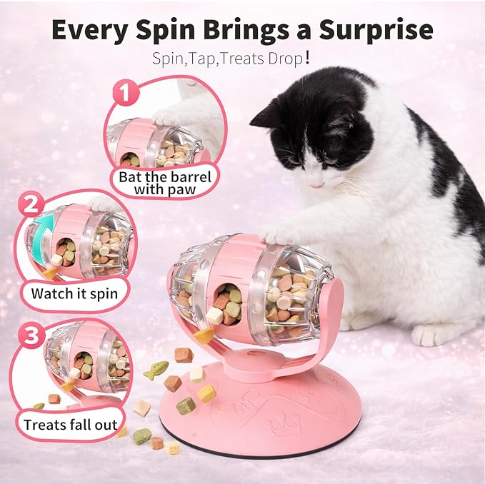 Cat Treat Dispenser Toy, Slow Feeder for Dry Food & Treats, Interactive Rotating Barrel Cat Toys for Indoor Cats &Puppies, Kitten Enrichment Funny Toy(Pink)