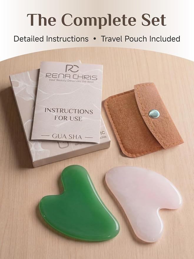 Rena Chris 2PCS Gua Sha Facial Tools: Jade Stone Guasha Tool for Face Acupuncture Therapy, Facial Massager for Jawline Sculpting and Puffiness Reducing (Green & Pink)