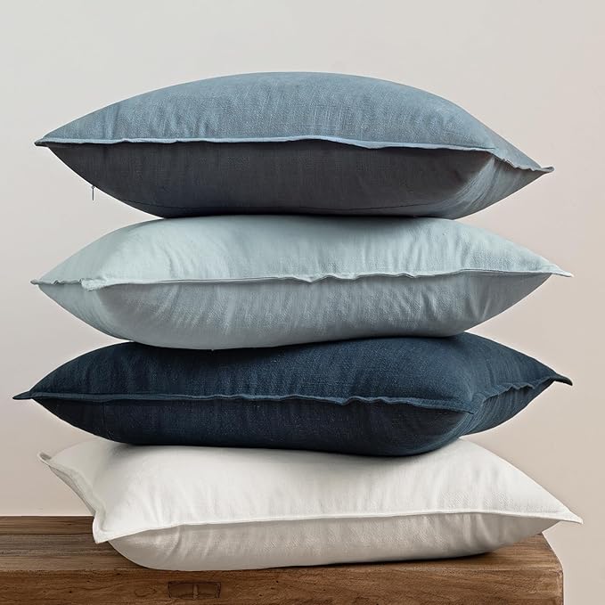 MIULEE Blue Boho Linen Decorative Pillow Covers 18x18 Inch Pack of 4 | Natural Throw Pillow Covers, Soft Farmhouse Couch Pillowcases, Modern Home Decors for Living Room Bed Sofa
