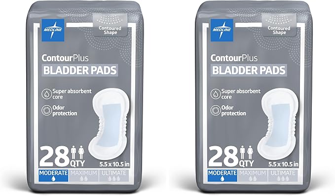 Medline ContourPlus Bladder Control Incontinence Pads, Moderate Absorbency, 5.5" x 10.5", 28 Count (Pack of 2)