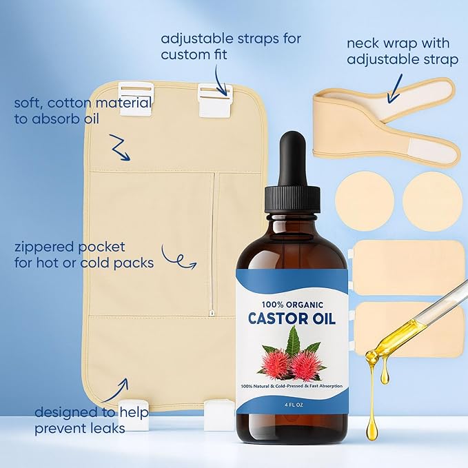 Tavio Castor Oil Pack, Organic Cotton Castor Oil Pack Wrap Kit, Wellness Packs for Liver Support, Digestion Aid, Muscle Relaxation & Detox, Reusable & Comfortable