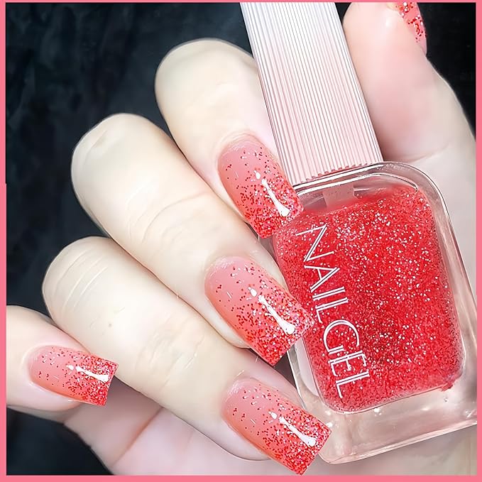 Red Glitter Nail Polish, Clear Base Sparkly Nailpolish with Red & White Glitter, 12ML Air Dry Gel Nail Polish No UV Needed, Transparent Sparkle Top Coat for Women Girls