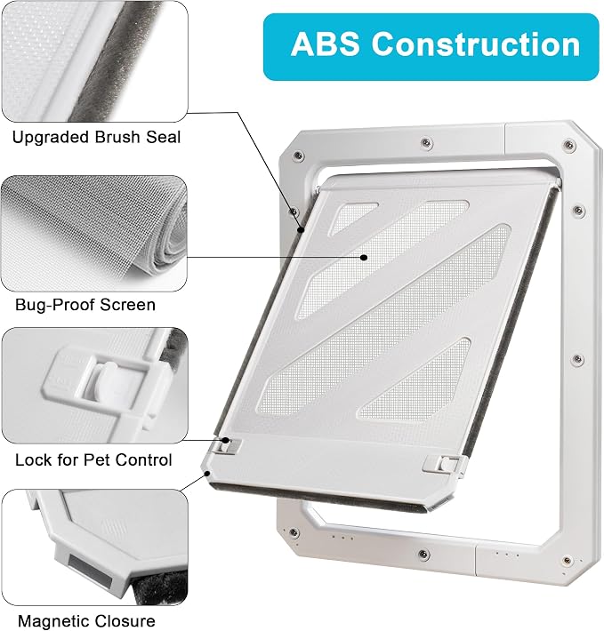 Dog Door for Screen Door, Enhanced Quiet Flap & Sealing Brush, 10.2”x14.3” Opening, Lockable Doggy Screen Door, Magnetic Self-Closing Pet Door-Medium to Large Dogs up to 60 lbs (White)