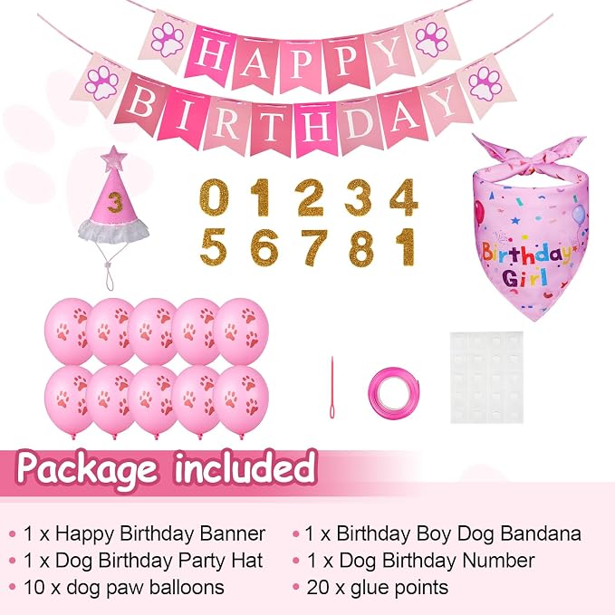 Dog Birthday Party Supplies,Dog Birthday Bandana Set, Numbers,Flag,Balloon | Dog Birthday Hat,Boy Girl Birthday Party,for Large Medium Small Dogs Pet (Pink)