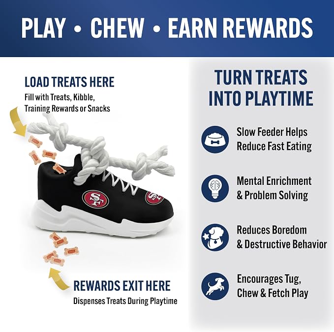 Pets First NFL San Francisco 49ers Cleat Sneaker Spike Dog Toy, Football Treat Dispenser Chew Toy for Dogs, Interactive Rope Tug Toy, Slow Feeder Natural Rubber Dog Toy with Official Team Logo