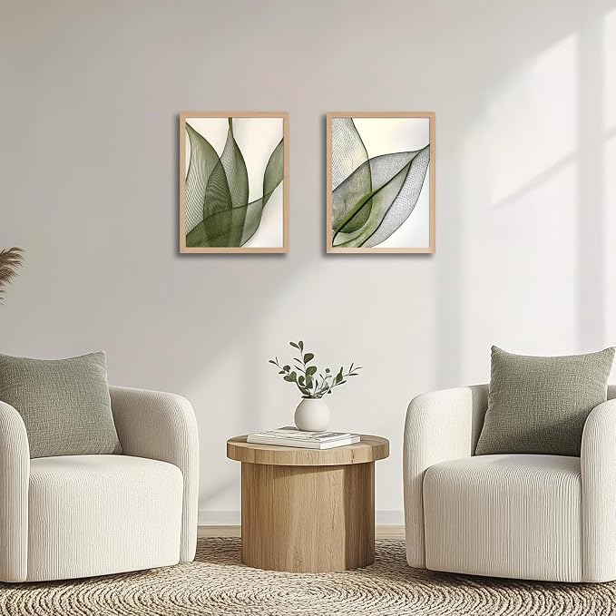 Green Leaf Wall Art Set of 2, Boho Botanical Framed Canvas Prints | Minimalist Botanical Plant Prints, for Living Room Bedroom Office 12x16 Inch