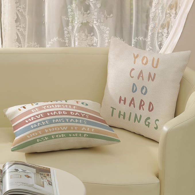 Boho Classroom Pillow Covers 18x18 Inch Set of 2 Preppy Throw Pillows Aesthetic Boho Rainbow Decor Inspirational Quotes Pillowcase Linen Outdoor Decorations Girl Kids Cushion Case for Bed Room