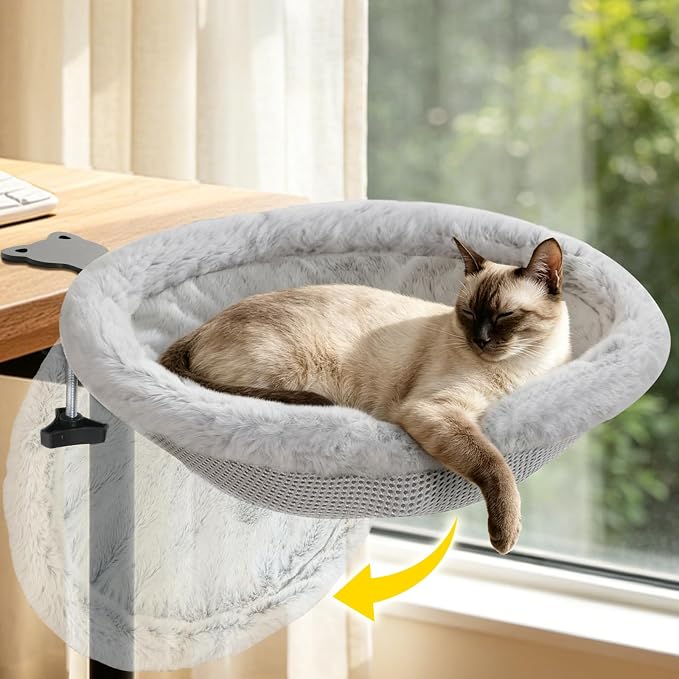 Cat Desk Bed, One-Click Foldable Cat Bed for Desk Hammock Up to 40 Lbs | Reversible & Washable, Sunken Cat Desk Hammock with Soft Plush, Heavy-Duty, Hanging Cat Bed with Steel Clamp for Desktops