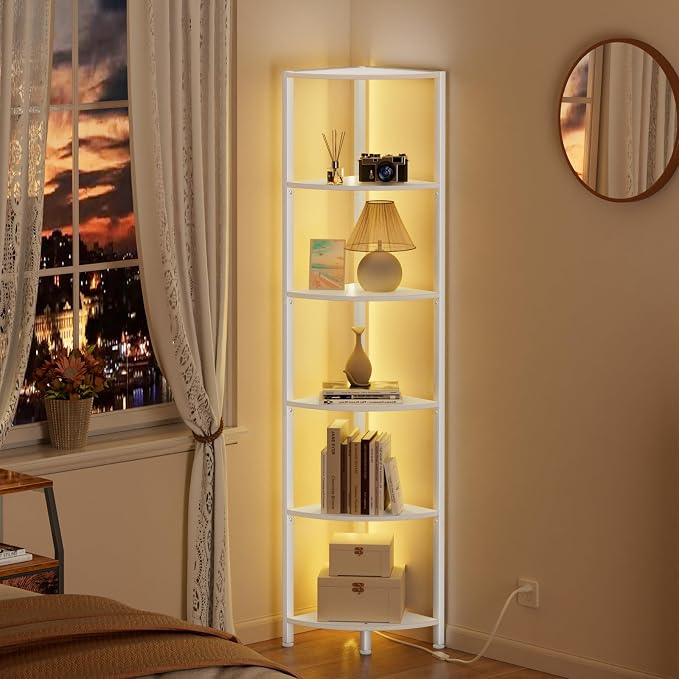 6 Tier Corner Shelf with LED Light, 67.5" White Narrow Bookshelf | Tall Standing Shelf Organizer, Storage Rack for Wall Corner, Living Room, Bedroom, Metal Frame, Wood Display Shelf