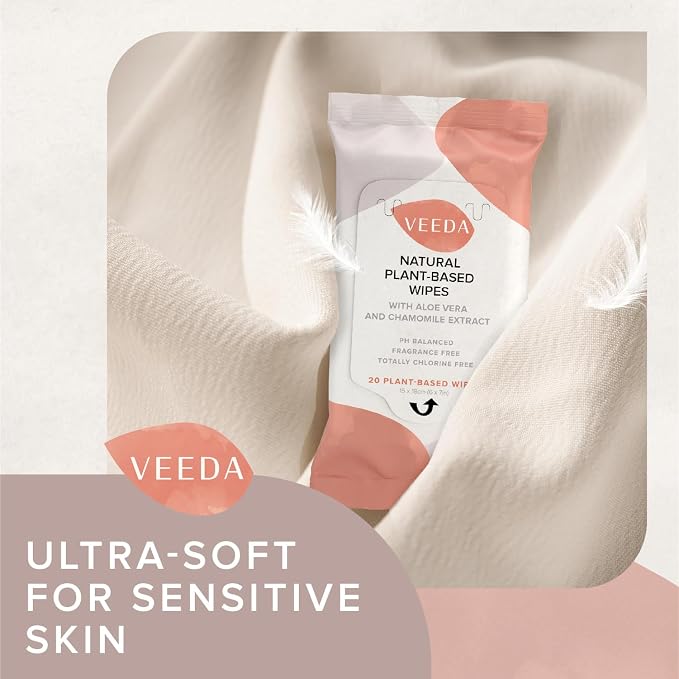 Veeda Plant-Based Feminine Wipes – pH-Balanced, Hypoallergenic & Biodegradable Wipes for Sensitive Skin, Fragrance-Free Travel Sized Wipes – 60 Count