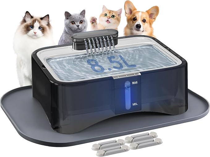 UPSKY Cat Water Fountain, 2.25Gal Large Capacity for Multi-Pet Homes | Ultra Quiet 304 Stainless Steel, Anti-Clog Pump with 4 Filters, Non-Slip Mat Included, Easy to Clean, Smart LED & Anti-Dry