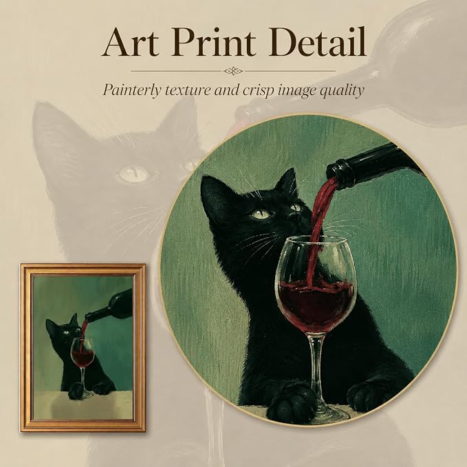Framed Black Cat Canvas Wall Art,Funny Animal Picture Wall Decor11x9in | Whimsical Cat Canvas Print,Vintage Cottagecore for Kitchen, Dining Room, Home Bar, Study or Cat Lover