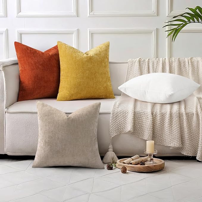 decorUhome Soft Chenille Cream White Throw Pillow Covers 18X18 Set of 2 | Decorative Fall Couch Pillow Covers Solid Dyed Accent Modern Farmhouse Neutral Square Pillow Cases for Sofa