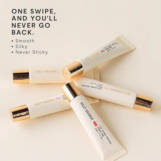 Silly George Lip Gloss Revival - Glossy Hydrating Glaze with Peptides, Shea Butter, & Moisturizing Argan, Macadamia, Babassu Oil for Dry Lips, Clean Beauty Products, Corraline, 15ml Tubes
