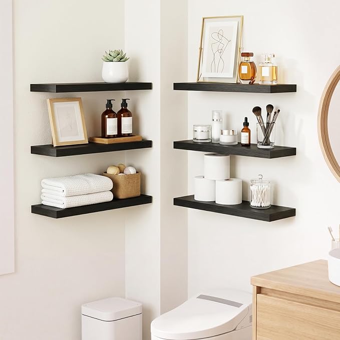 Fixwal Floating Wall Shelves for Decor (Black, Set of 6, 15.7 Inch) | MDF Shelves with Metal Brackets, Space Saving for Books, Decor, Works in Bathroom, Kitchen, Living Room, Bedroom