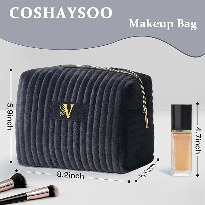 COSHAYSOO Birthday Gifts for Teens College Big Sister Girls Trip Gifts Favors Travel Makeup Bag Quilted Make Up Pouch Initial Velvet Cosmetic Case with Butterfly Decorations for Women Black Letter V