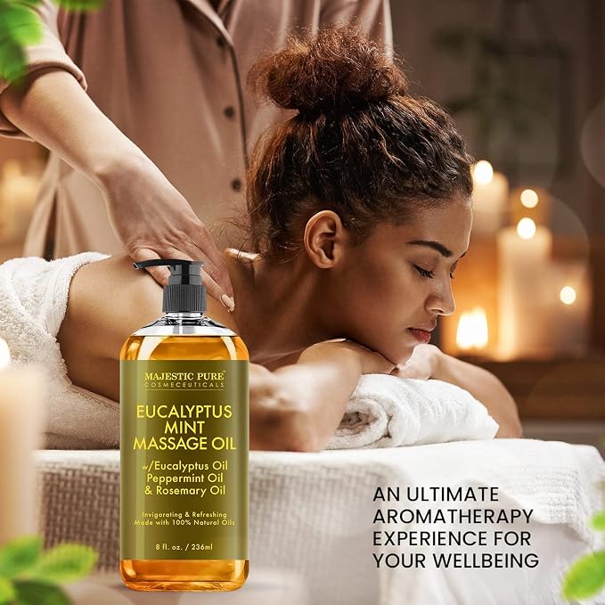MAJESTIC PURE Coconut Massage Oil (8 oz) and Eucalyptus Mint Massage Oil (8 oz) Bundle