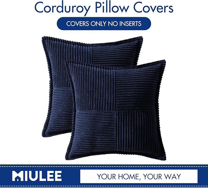 MIULEE Decorative Throw Pillow Covers for Couch 16x16 Inch Navy Blue 2 Pack | Boho Broadside Striped Patchwork Pillow Covers, Soft Corduroy Cushion Cases, For Sofa Bed Livingroom Home Decor
