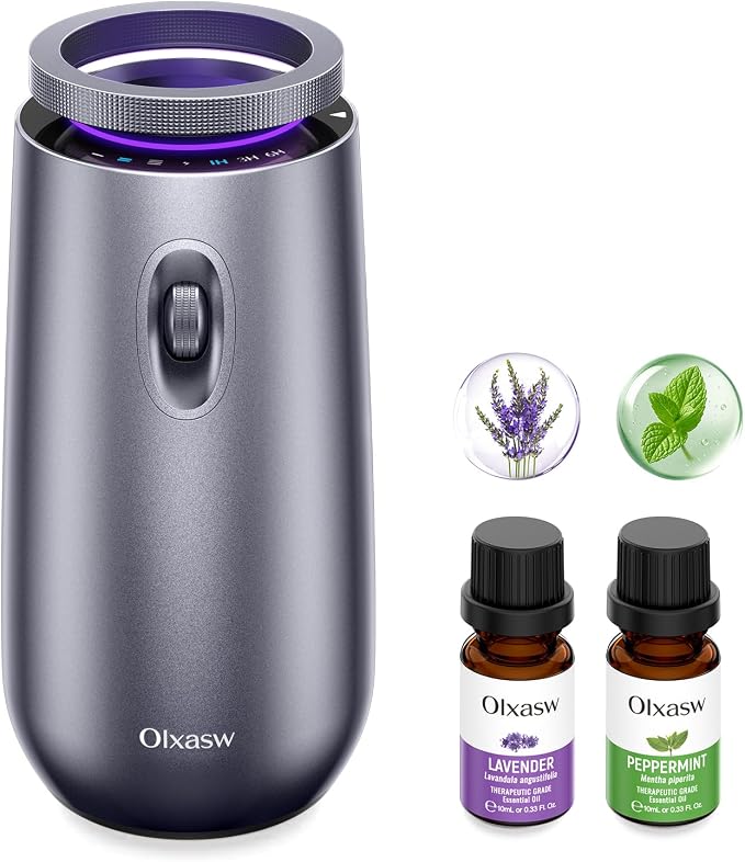 Waterless Essential Oil Diffuser with 2x10mL Oil, Battery Operated,Portable | Oil-Saving Design | Smart Memory | Aluminum | 3 Mist Levels | 3 Ambient Light Modes | Ultra Quiet | for Home Office Car