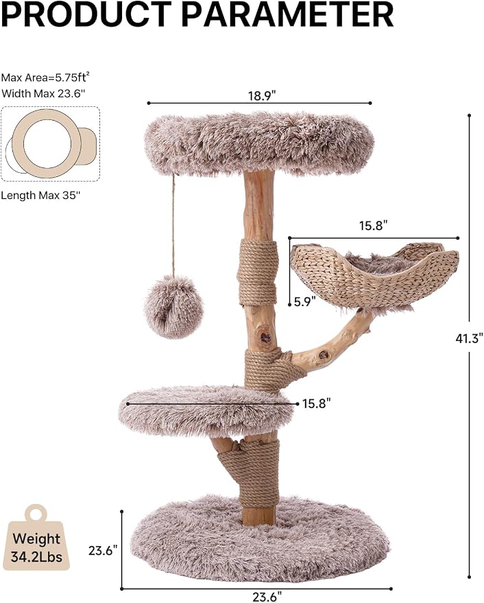 Sopapets Solid Wood Cat Tree with Hand-Woven Basket, 41.3" Natural Wood Cat Tower with Real Branch, Modern Boho Cat Furniture for Indoor Cats & Large Cats, Sisal Scratching Posts, Beige