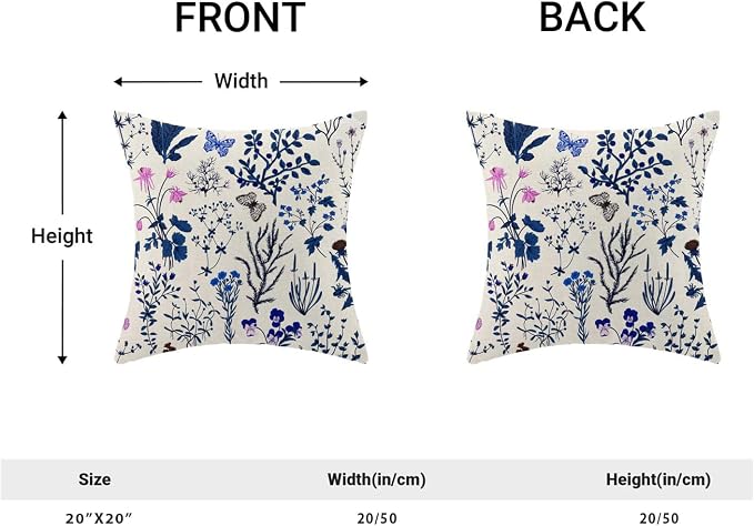 AEIOAE Summer Pillow Covers 20x20 Inch Set of 2,Navy Blue Wild Flower Plant Throw Pillows Case,Seasonal Floral Outdoor Decorative Square Linen Farmhouse Decor Cushion Covers for Home Sofa Bed Couch