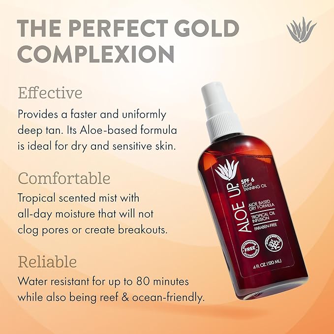Aloe Up Light Tanning Oil With SPF 6 Sunscreen - Body and Face Tanning for Outdoor Sun - With Pure Aloe Vera Oil and Natural Oils - Absorbs Quickly - Reef Friendly - Fresh Tropical Scent - 4 Oz