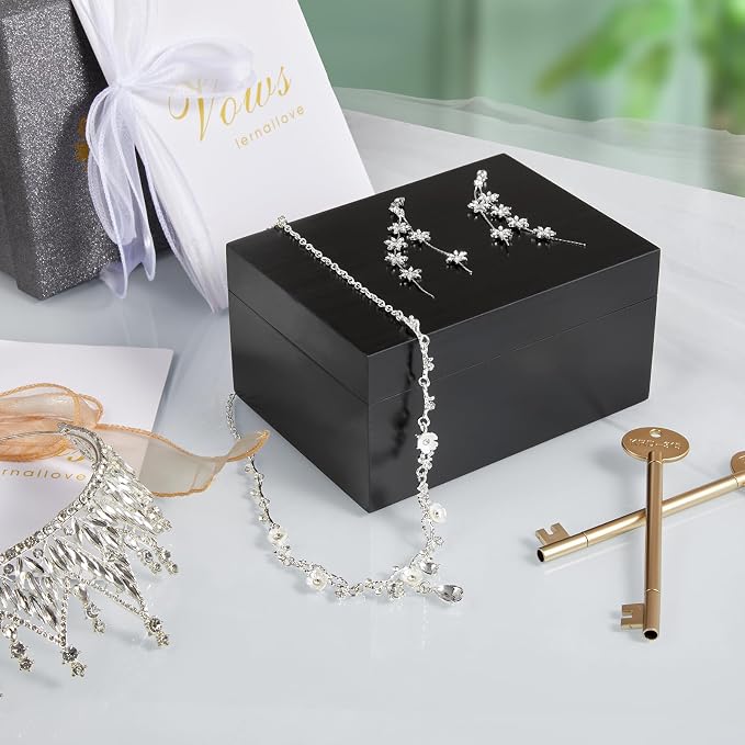 DRASTAR Small Keepsake Box, Black Wood Memory Box with Hinged Lids, Wooden Jewelry Storage Box,3x5, 4x6 Decorative Card Box, Bridal Shower Gifts