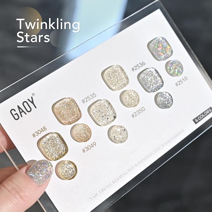 GAOY Glitter Gel Nail Polish Set, 6 Colors Silver Gold Champagne Sparkly, Soak Off UV Cure Gel for DIY Manicure at Home