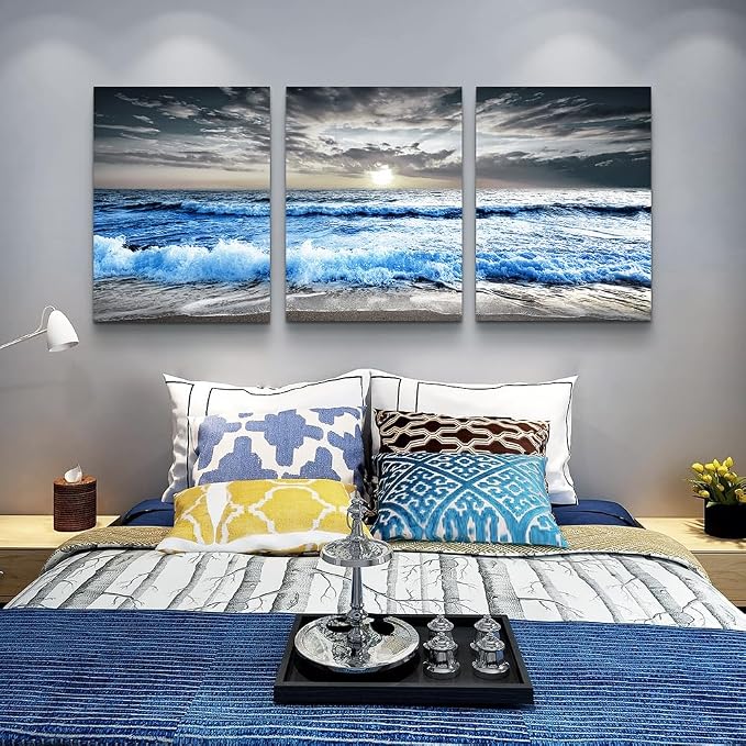MHARTK66 Large Canvas Wall Art for Living Room, Bedroom, Office Decor - Blue Ocean Wave Seascape Pictures, Black and White Beach Painting - Modern Home Decorations