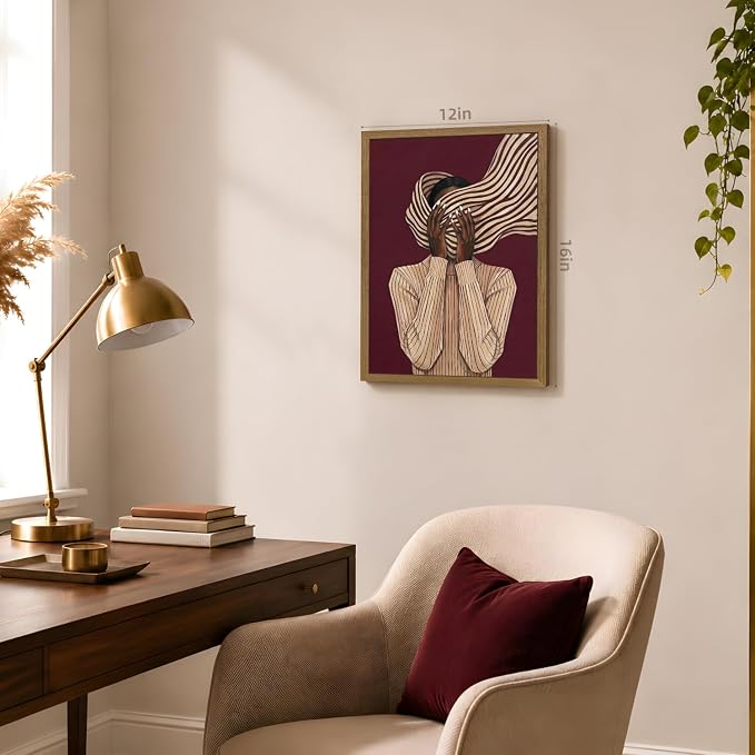 VziizV African American Woman Wall Art, Abstract Modern Portrait Canvas Print, Minimalist Striped Fashion Artwork, Contemporary Black Woman Decor for Living Room Bedroom Wood Framed 16x24 Inch