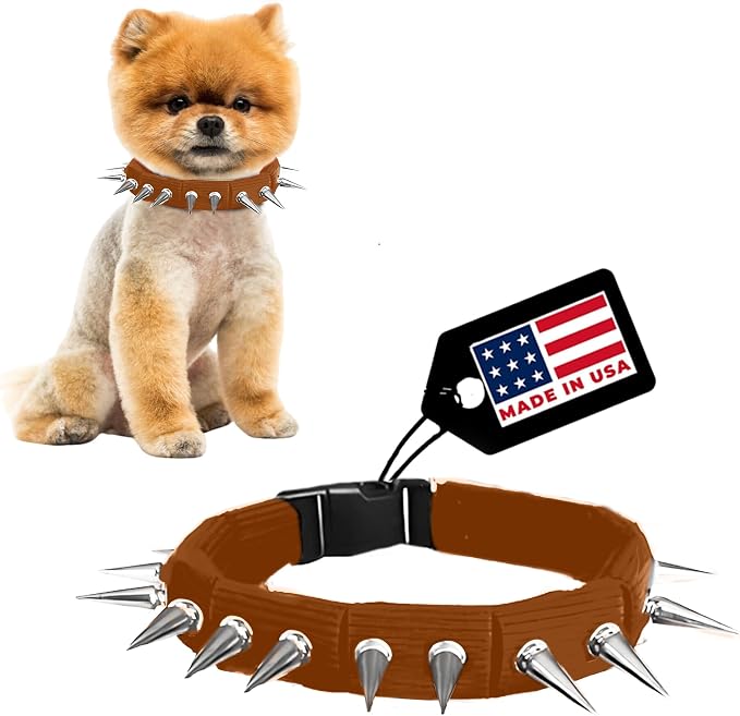 CoyoteCollar Spike Dog Collar, Adj/Replaceable Spikes, Large, Brown