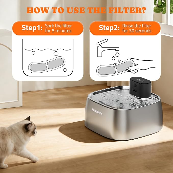 Pawtners 8 Pack Replacement Filters for STR-PT-108A Pumpless Cat Fountain | Multi-Layer Filtration, Cat/Dog Fountain Filter Complete Kit with 8 Filters & 8 Sponges