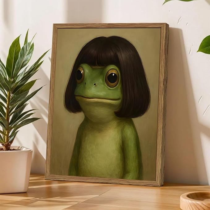 Funny Frog Wall Art, Whimsical Green Frog Wall Decor Painting Cute Animal Poster Canvas Prints Artwork for Living Room Bedroom Bathroom 12x16 inch Wood Framed