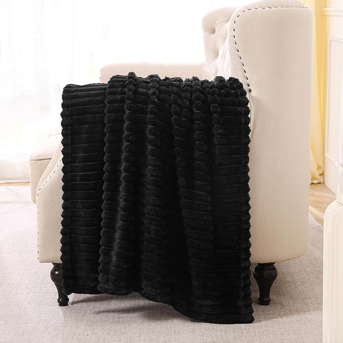 Black Fleece Throw Blanket 90”×90” for Couch Sofa Livingroom | Super Soft Cozy Plush Microfiber Flannel Bed Blanket Striped Design Lightweight Home Decor Gifts for Adults Mom Women