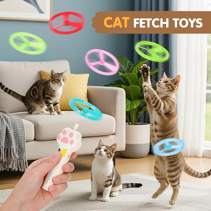 Cat Fetch Toy, Flying Disc Launcher with 6 Flying Discs