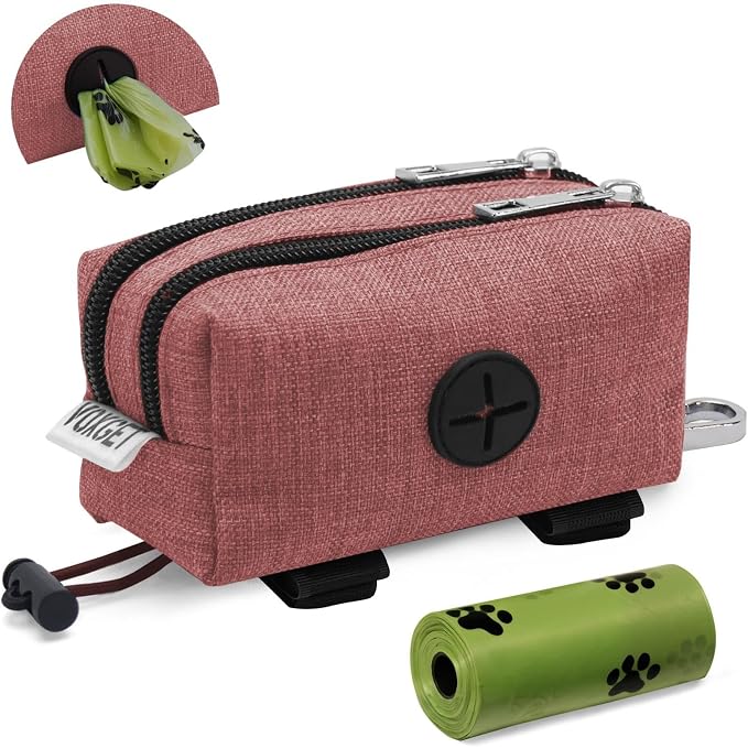 Dog Poop Bag Holder with Treat Pouch, 2 Zipper Pockets & Leash Clip