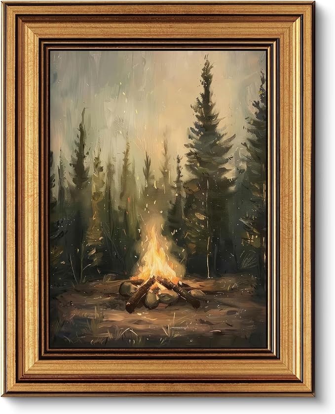 Gold Framed Wall Art, Rustic Campfire Canvas Prints, Vintage Forest Camping Cabin Picture Wall Decor, Dark Academia Woodland Nature Landscape Artwork for Living Room Bedroom 12x16 inch