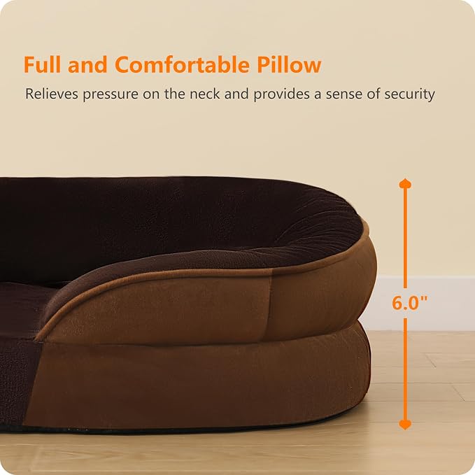 Dwanton Orthopedic Waterproof Medium Dog Bed Sofa, Gel Memory Foam, 36" | Egg-Crate Foam Dog Sofa, Washable Pet Bed with Four Sided Bolster Cushion, Removable Cover & Non-Slip Bottom, Brown