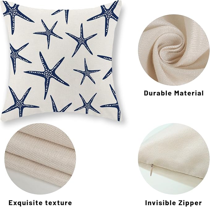 Navy Blue Starfish Pillow Covers 18x18 Inch Set of 2 Coastal Throw Pillows Spring Summer Nautical Ocean Theme Beach Decorative Pillow Cases Linen Outdoor Decor Cushion Case for Home Bedroom