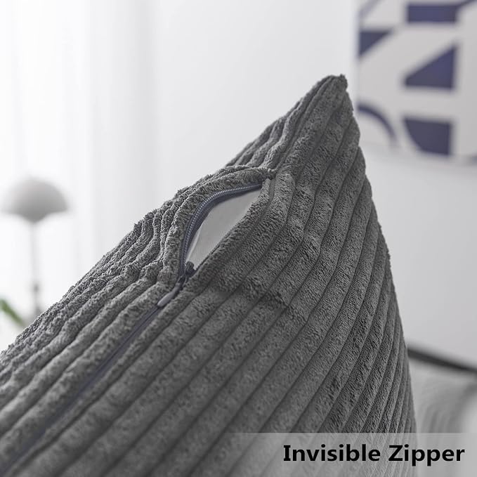 Home Brilliant 20x20 Striped Corduroy Pillow Cover Gray Square Soft Throw Pillow Cover Plush Velvet Pillowcase for Sofa Chair Bed, 20 x 20 inch (50cm), Dark Grey