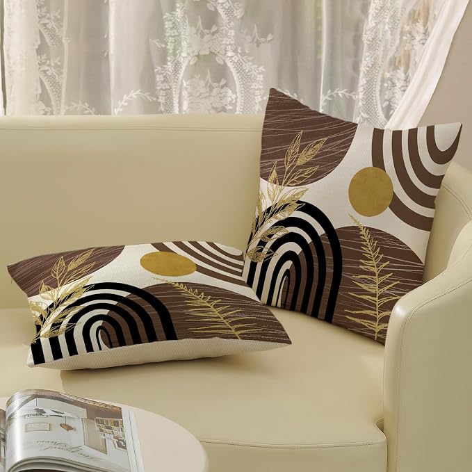 Boho Brown Pillow Covers 18x18 Set of 2 Brown Gold Leaf Tropical Decor Mid Century Throw Pillows Outdoor Bohemian Decorative Pillowcase Farmhouse Abstract Modern Cushion Case for Couch Sofa