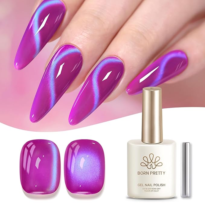 Born Pretty Spring Summer Cat Magnetic Eye Gel Polish,2026 Fruit Dark Purple Holographic Glitter Shimmer Translucent Sheer Magnetic Gel Polish with Blue Powder