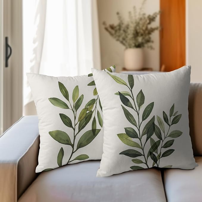 Kawani Sage Green Leaf Pillow Covers 18x18 Inch Set of 2 Spring Leaves Plants Botanical Decorative Pillowcase Cotton Linen Square Cushion Case for Couch Sofa Bedroom Home Decoration