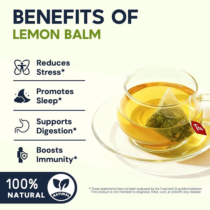 Lemon Balm Tea Bags, Pure & Natural Melissa Officinalis Herbal Tea, Premium Dried Lemon Balm Leaf with Naturally Lemony & Citrusy Flavor, Caffeine-Free, Non-GMO, 100 Count