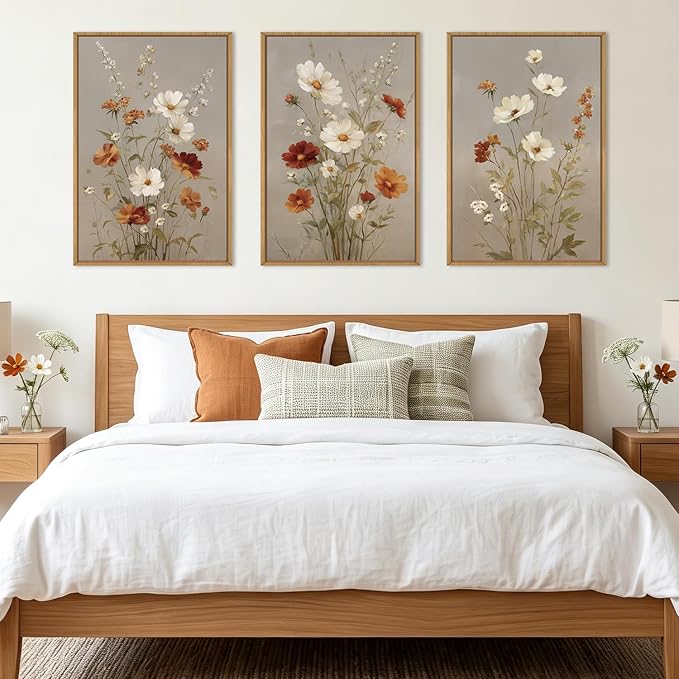BINCUE Vintage Flower Wall Art Framed Rustic Wildflower Artwork Neutral Botanical Wall Decor Mid Century Floral Painting Farmhouse Daisy Prints for Living Room Bedroom Office 24" Lx36 W Set of 3