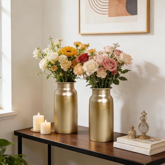 Set of 2 Champagne Gold Seamless Metal Flowers Vase Decor, 10.8" Tall Modern Matte Gold Floral Vase Pair, Shatterproof Leakproof, Elegant Home Decor Centerpiece for Table, Mantle, Shelf