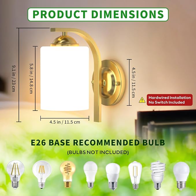 2-Pack Wall Sconces for Bedroom and Bathroom, Gold Farmhouse Wall Light Fixtures with Glass Shade, Modern Vanity Wall Lamps for Living Room, Hallway, Kitchen