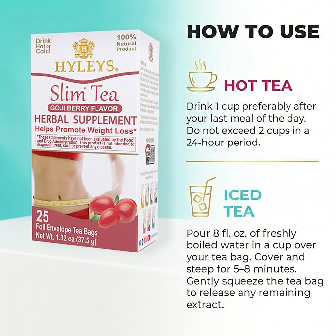 Hyleys Slim Tea Goji Berry Flavor - Weight Loss Herbal Supplement Cleanse and Detox - 25 Tea Bags (6 Pack)